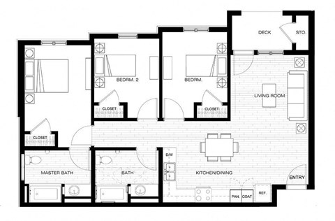Floor plan for 3 beds, 2 baths, 1068 sqft
